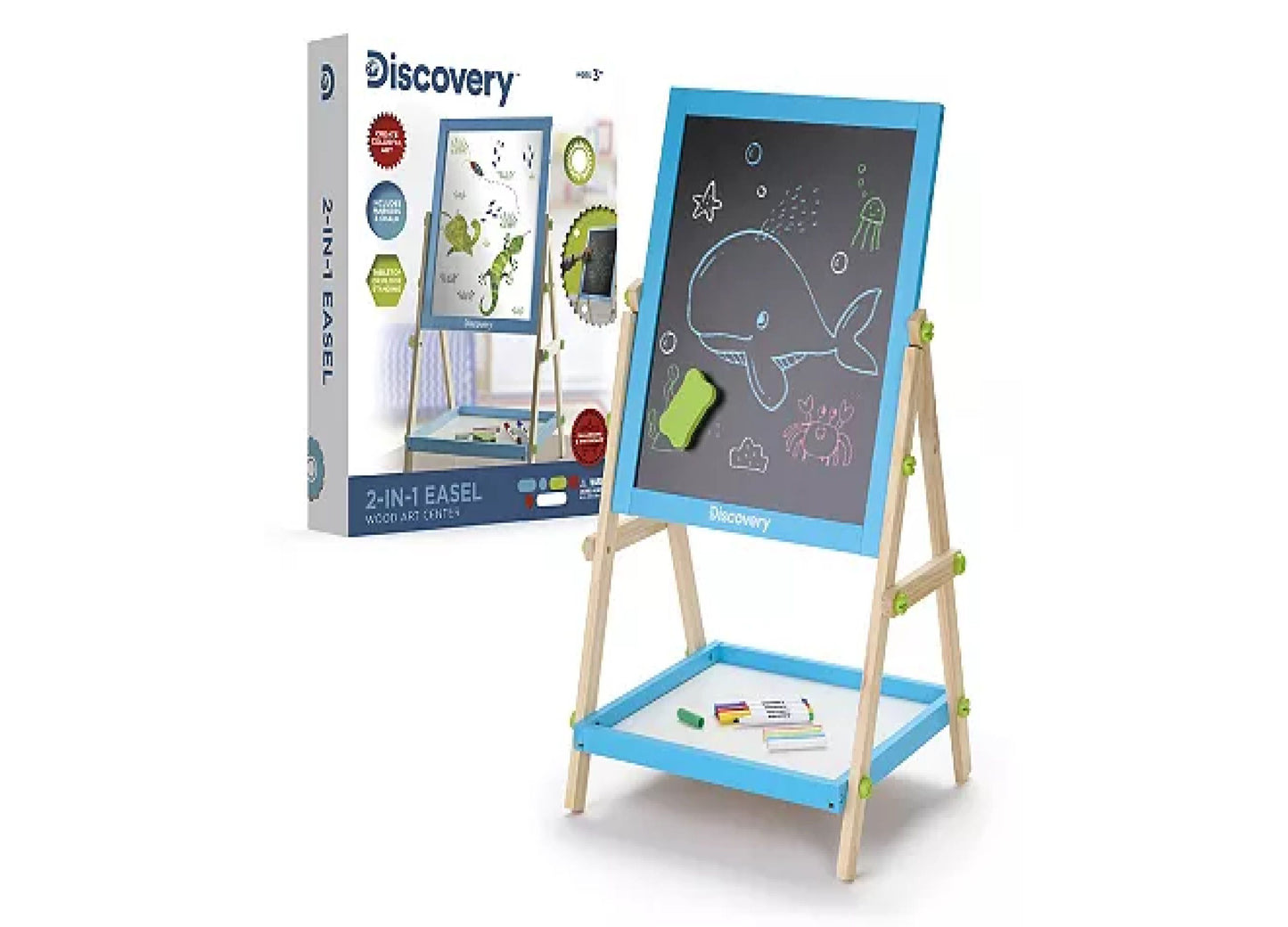 Discovery Kids 2-In-1 Easel Wood Art Center with blue chalkboard and whiteboard