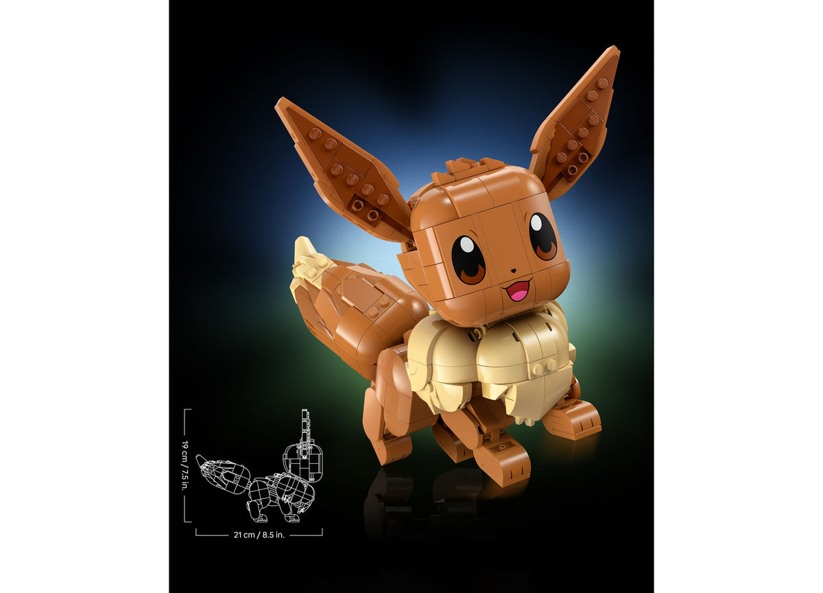 LEGO Pokémon Eevee Building Set with brown and cream-colored brick figure featuring large eyes, pointed ears, and pos...