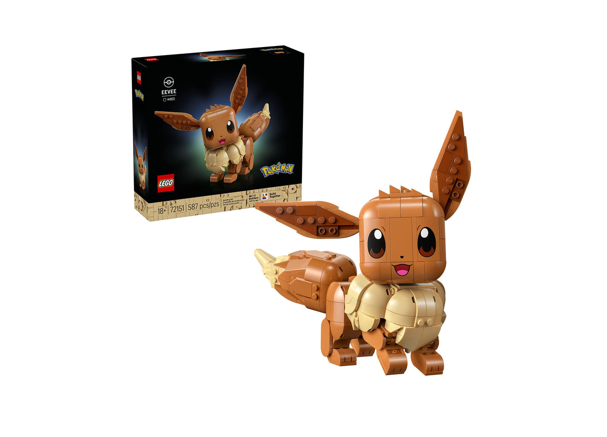 LEGO Pokémon Eevee Building Set with 587 pieces, showing brown and cream-colored brick figure with posable ears and tail