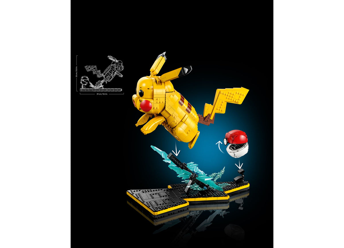 LEGO Pokémon Pikachu And Poké Ball Building Set with 2050 pieces, showing yellow Pikachu figure with red cheeks, blac...