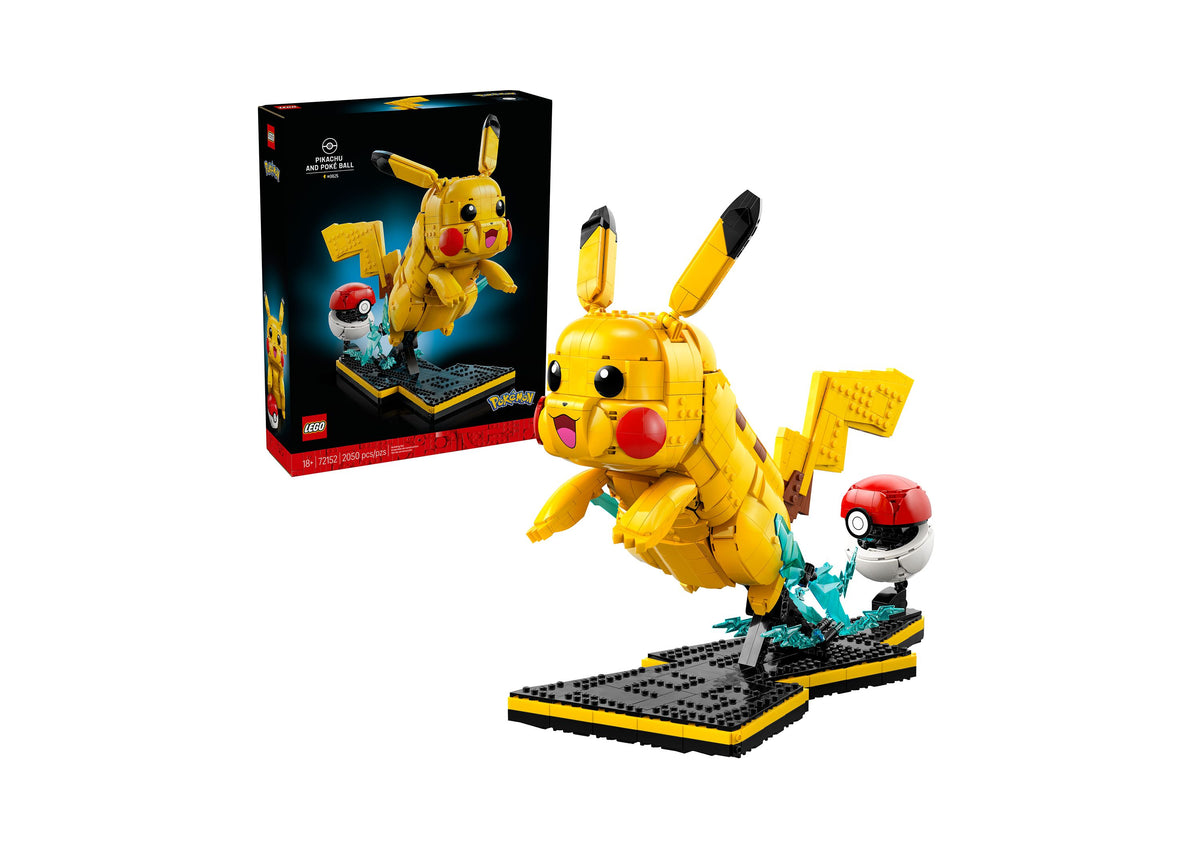 LEGO Pokémon Pikachu And Poké Ball Building Set with yellow Pikachu figure and red Poké Ball on display base