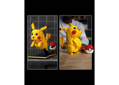 LEGO Pokémon Pikachu And Poké Ball Building Set with 2,050 pieces showing completed yellow Pikachu figure with red ch...