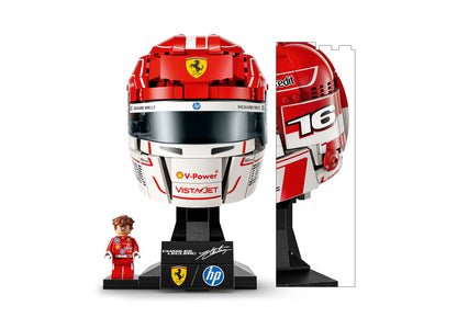 LEGO Ferrari Charles Leclerc Helmet Building Set with red racing helmet, minifigure, and display stand