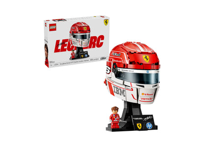 LEGO Scuderia Ferrari Charles Leclerc Helmet set with red racing helmet, minifigure, and display stand