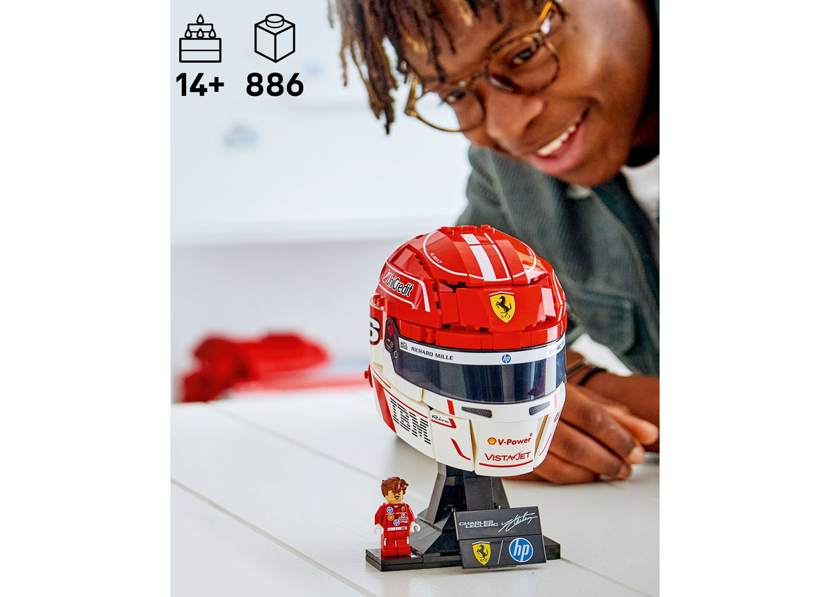 LEGO Ferrari Charles Leclerc Helmet Building Set with red racing helmet, minifigure, and display stand