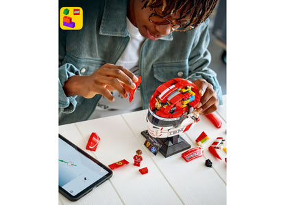 LEGO Scuderia Ferrari Charles Leclerc Helmet Building Set with red racing helmet, minifigure, and display stand