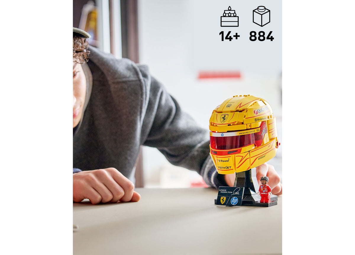 LEGO Scuderia Ferrari HP Lewis Hamilton Helmet Building Set with 884 pieces, featuring yellow and red helmet model di...
