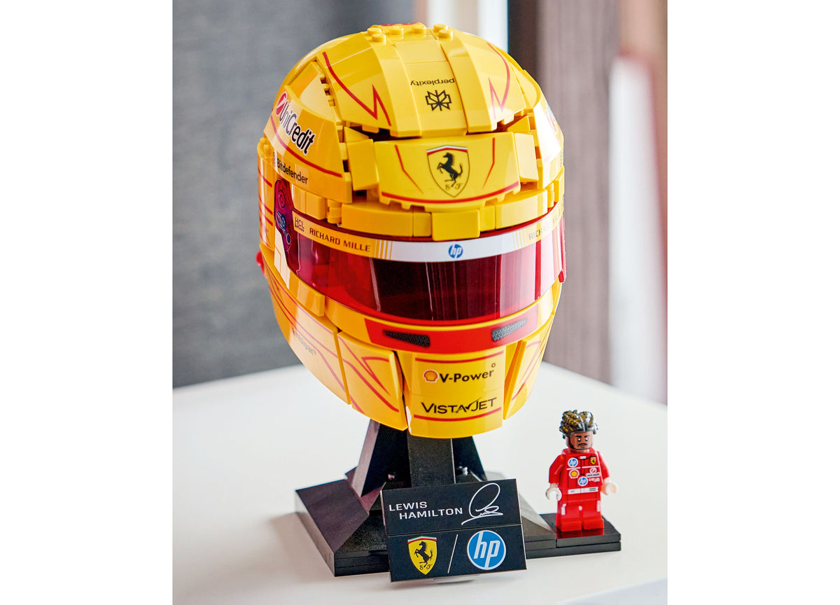 LEGO Ferrari Lewis Hamilton Helmet Building Set with yellow and red helmet replica and display stand