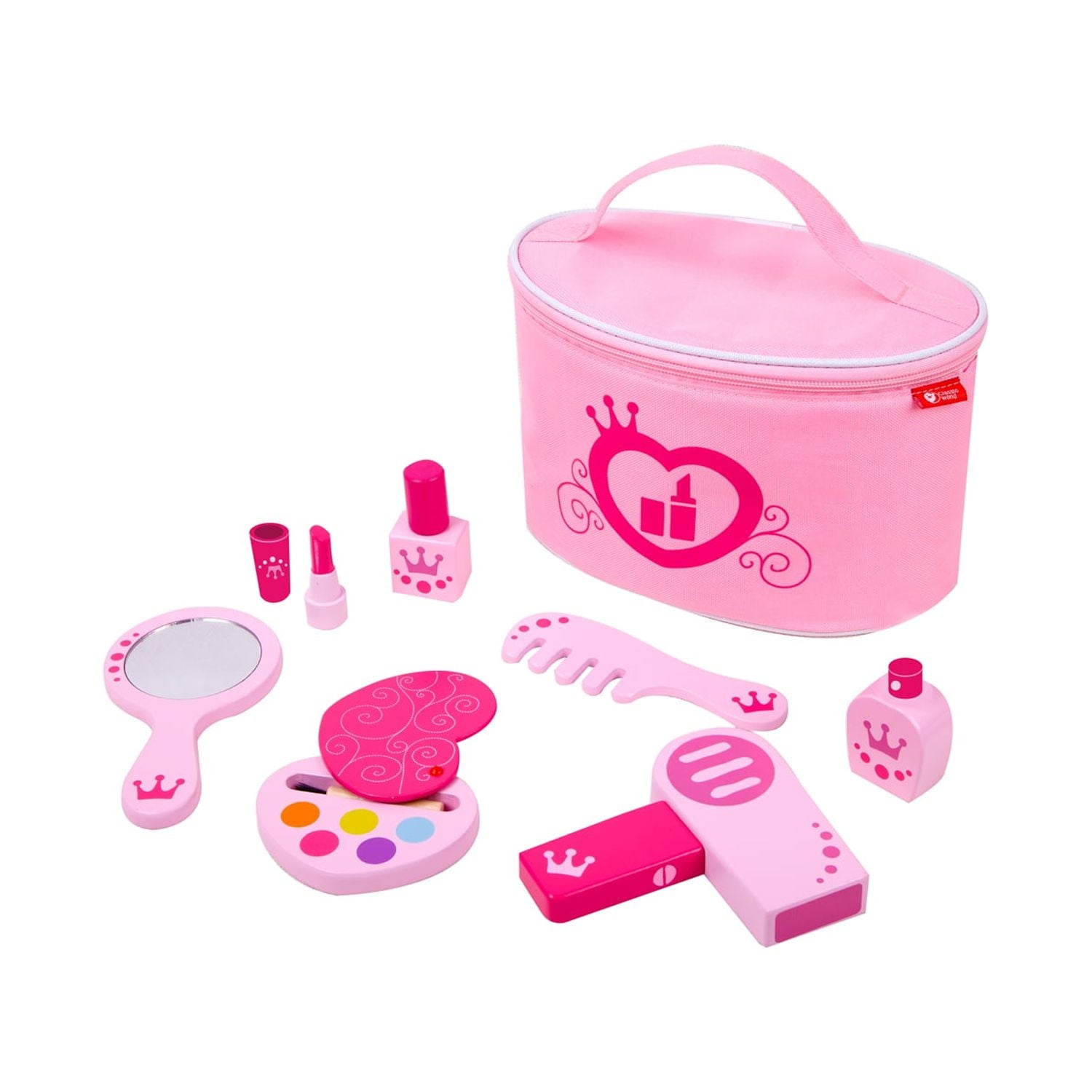Pink pretend makeup set with carry case, including play lipsticks, nail polish, mirror, eyeshadow palette, brush, comb, and perfume bottle decorated with crown