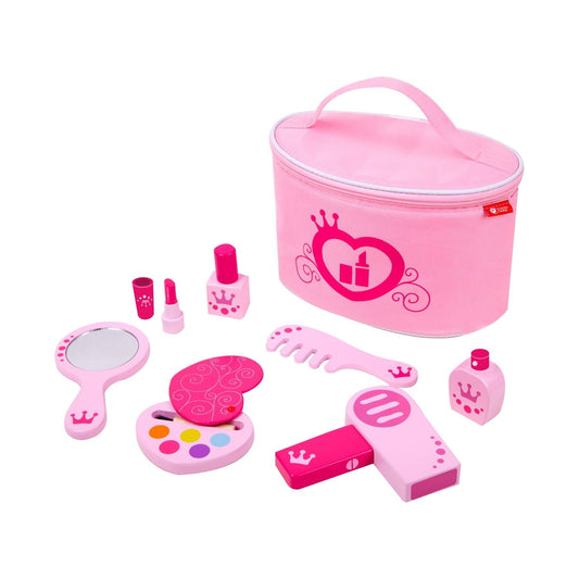 Pink pretend makeup set with carry case, including play lipsticks, nail polish, mirror, eyeshadow palette, brush, comb, and perfume bottle decorated with crown