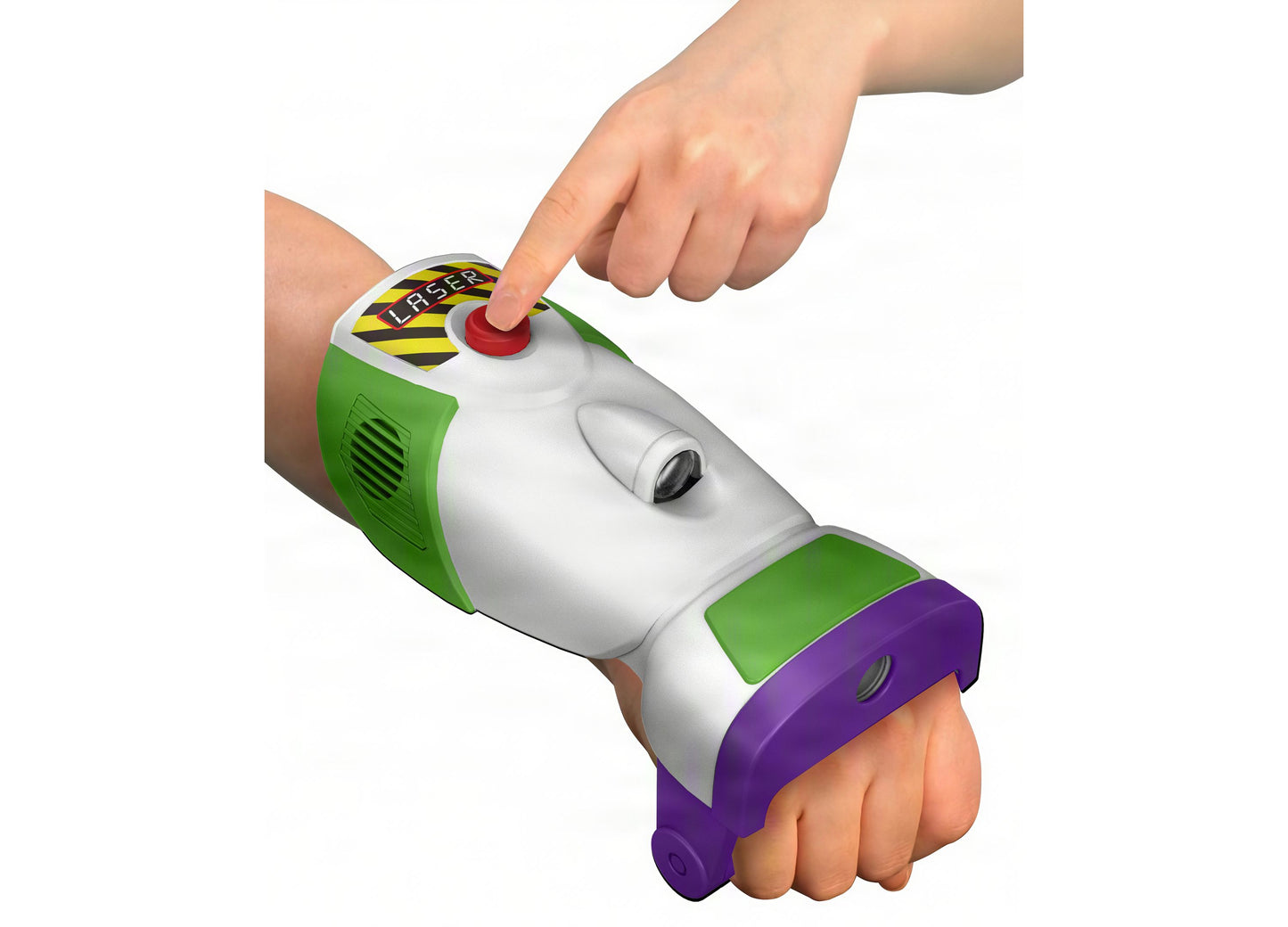 Buzz Lightyear Space Ranger Laser Gauntlet with red button, green and purple design