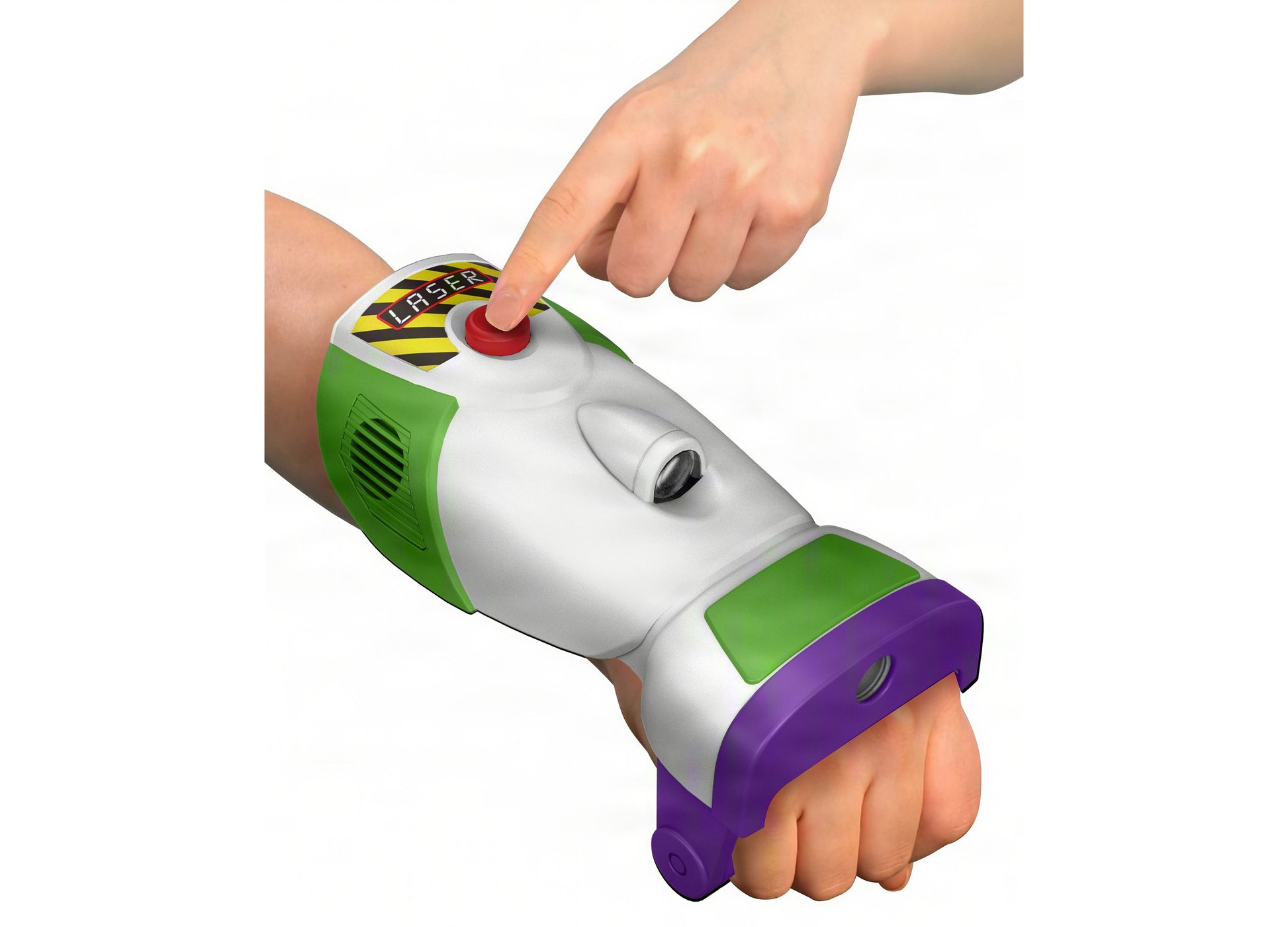 Buzz Lightyear Space Ranger Laser Gauntlet with red button, green and purple design