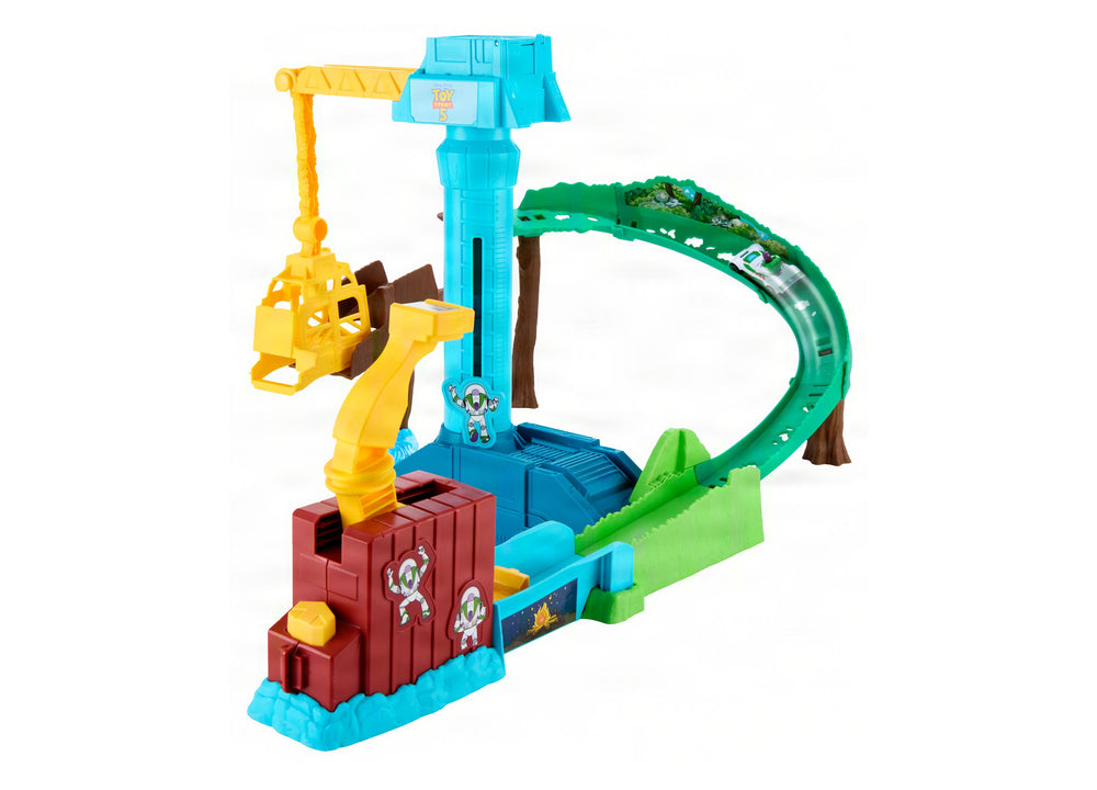 Hot Wheels Buzz Lightyear Star Command Adventure Track Set with yellow crane, green loop, and red building pieces