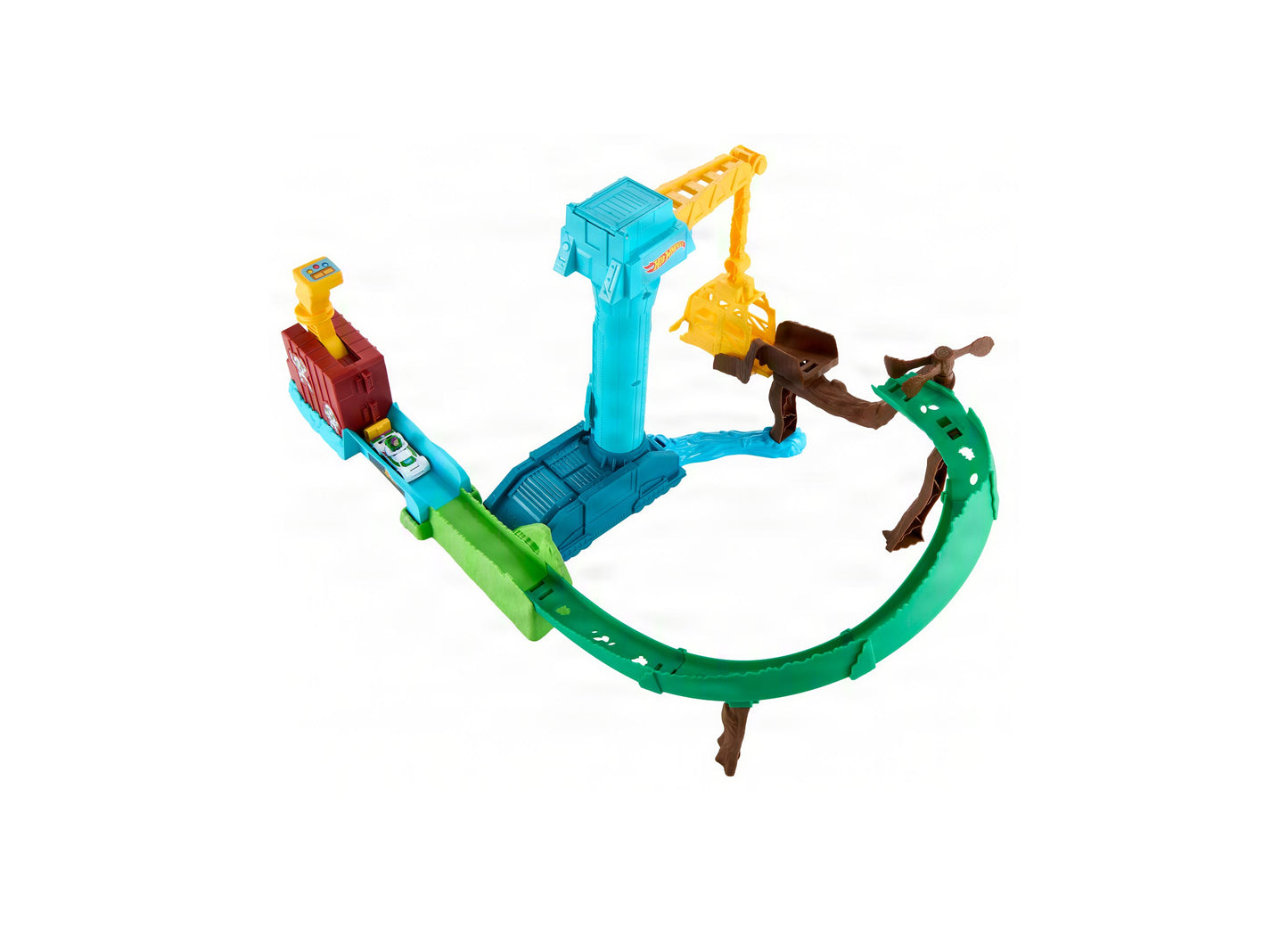 Hot Wheels Buzz Lightyear Star Command Adventure Track Set with blue crane, green curved track, and die-cast vehicle
