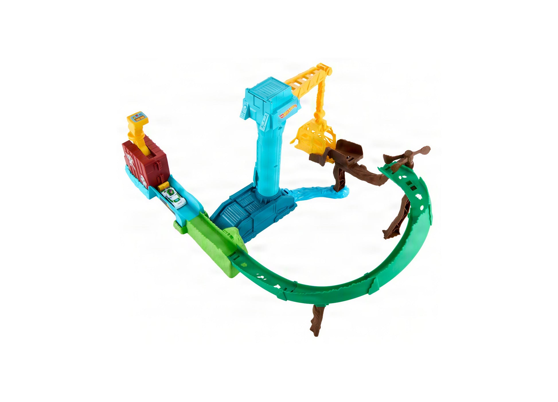 Hot Wheels Buzz Lightyear Star Command Adventure Track Set with blue crane, green curved track, and die-cast vehicle