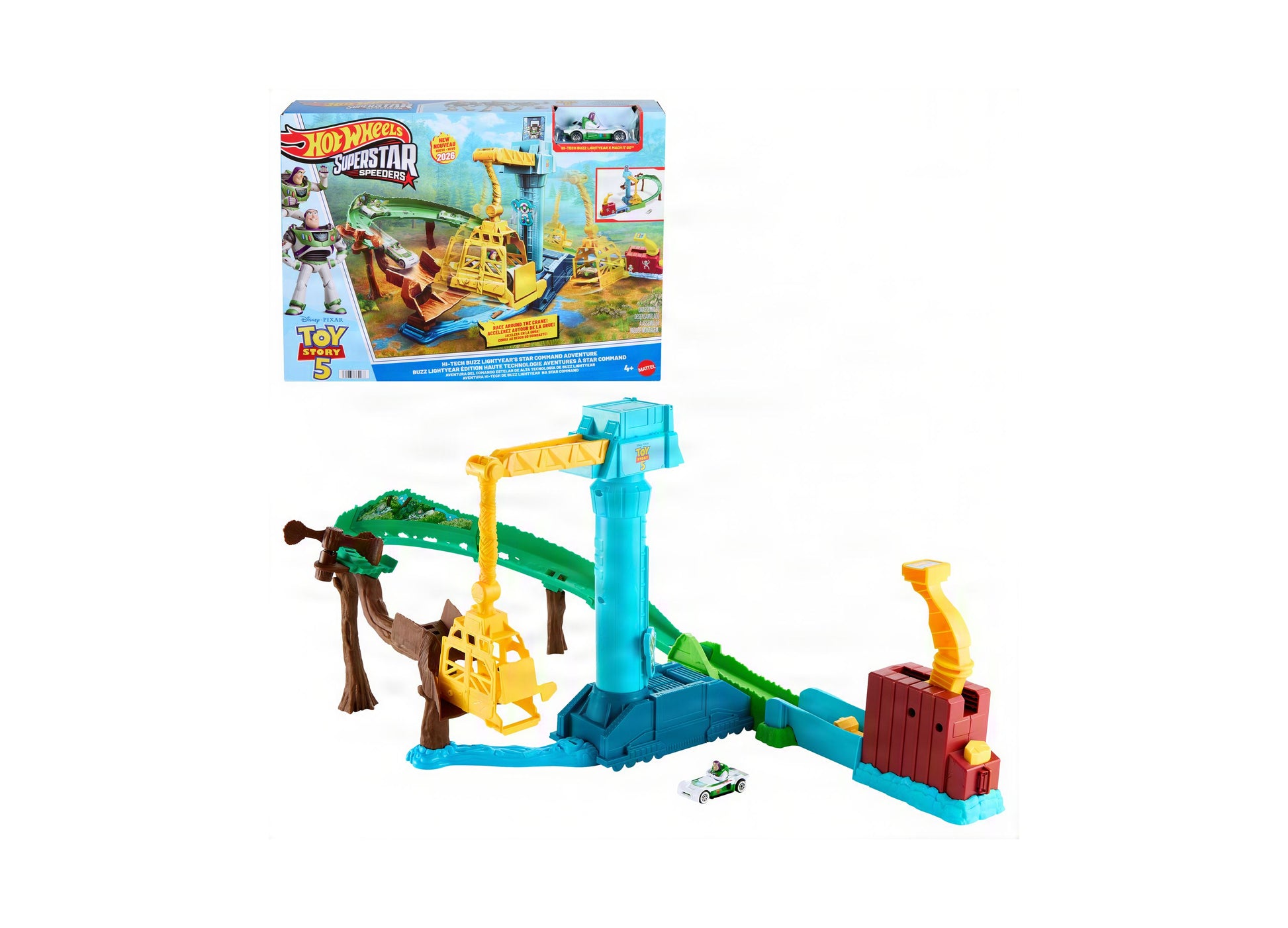 Hot Wheels Buzz Lightyear Star Command Adventure Track Set with yellow crane, green ramp, and die-cast vehicle