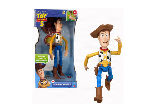 Toy Story 5 Running Woody 12-inch action figure with brown hat, yellow shirt, and blue pants