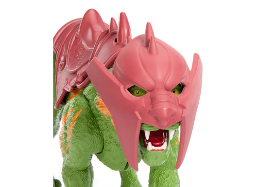 Masters of the Universe Battle Cat green plush figure with pink armor and roaring mouth