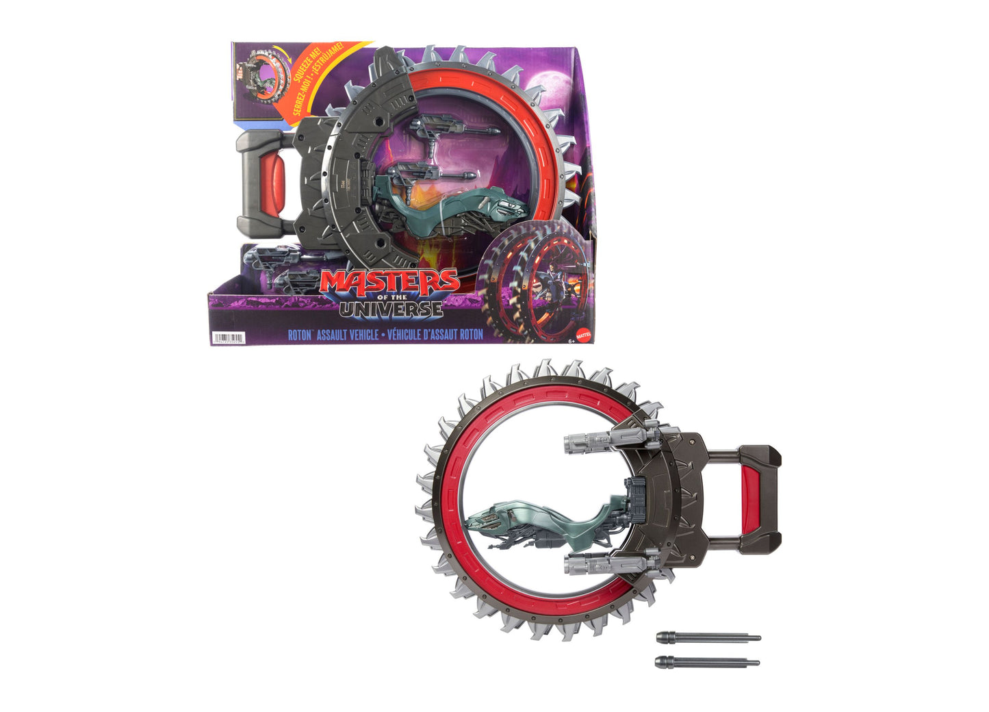 Masters of the Universe Roton Assault Vehicle with red and black design, rotating blades and blasters