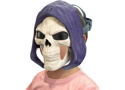 Skeletor mask with purple hood, glowing eyes and detailed skull design for Masters of the Universe costume roleplay