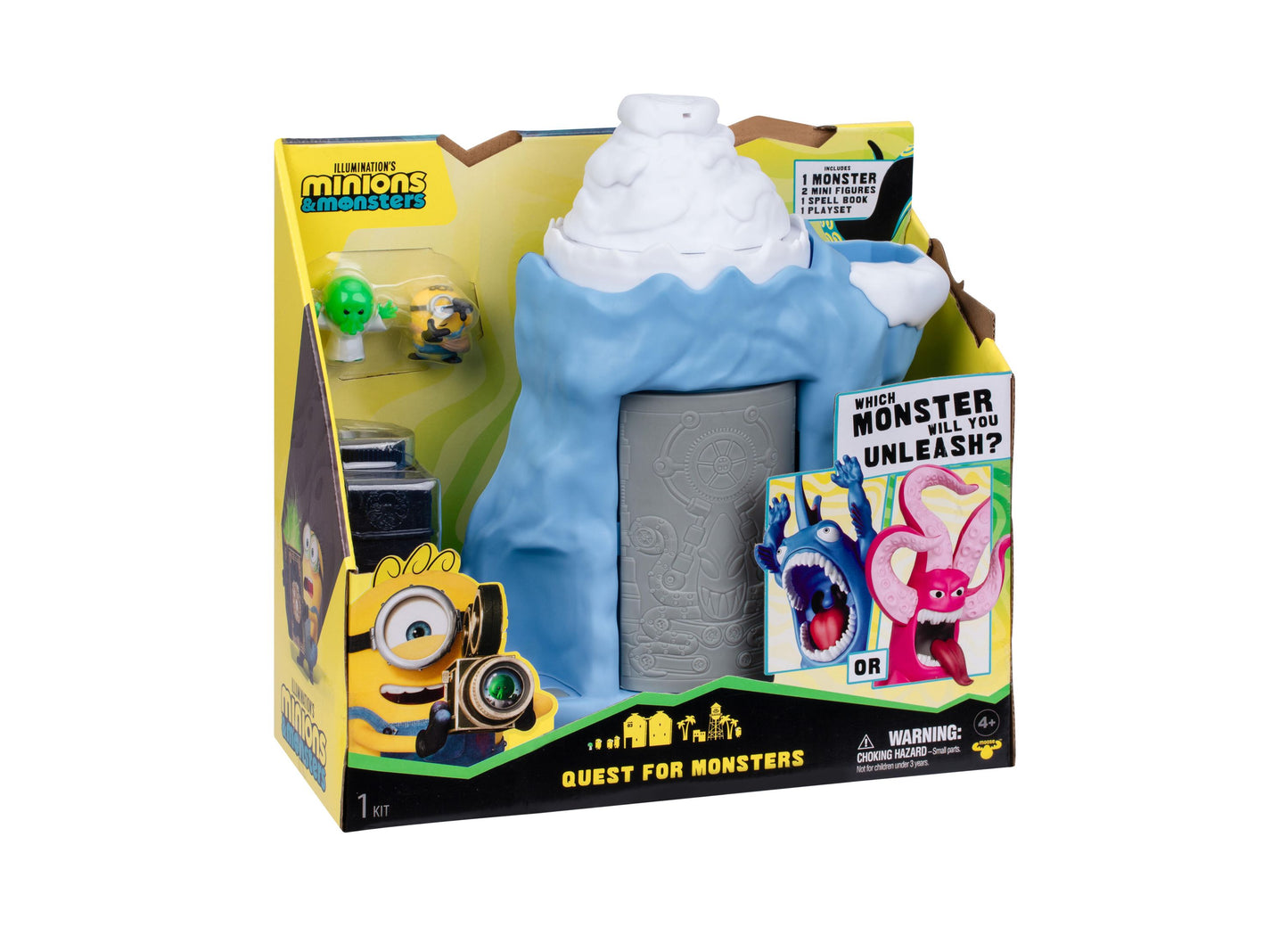 Despicable Me Minions Monster Reveal playset with blue ice cave, gray stone door, and minion figures