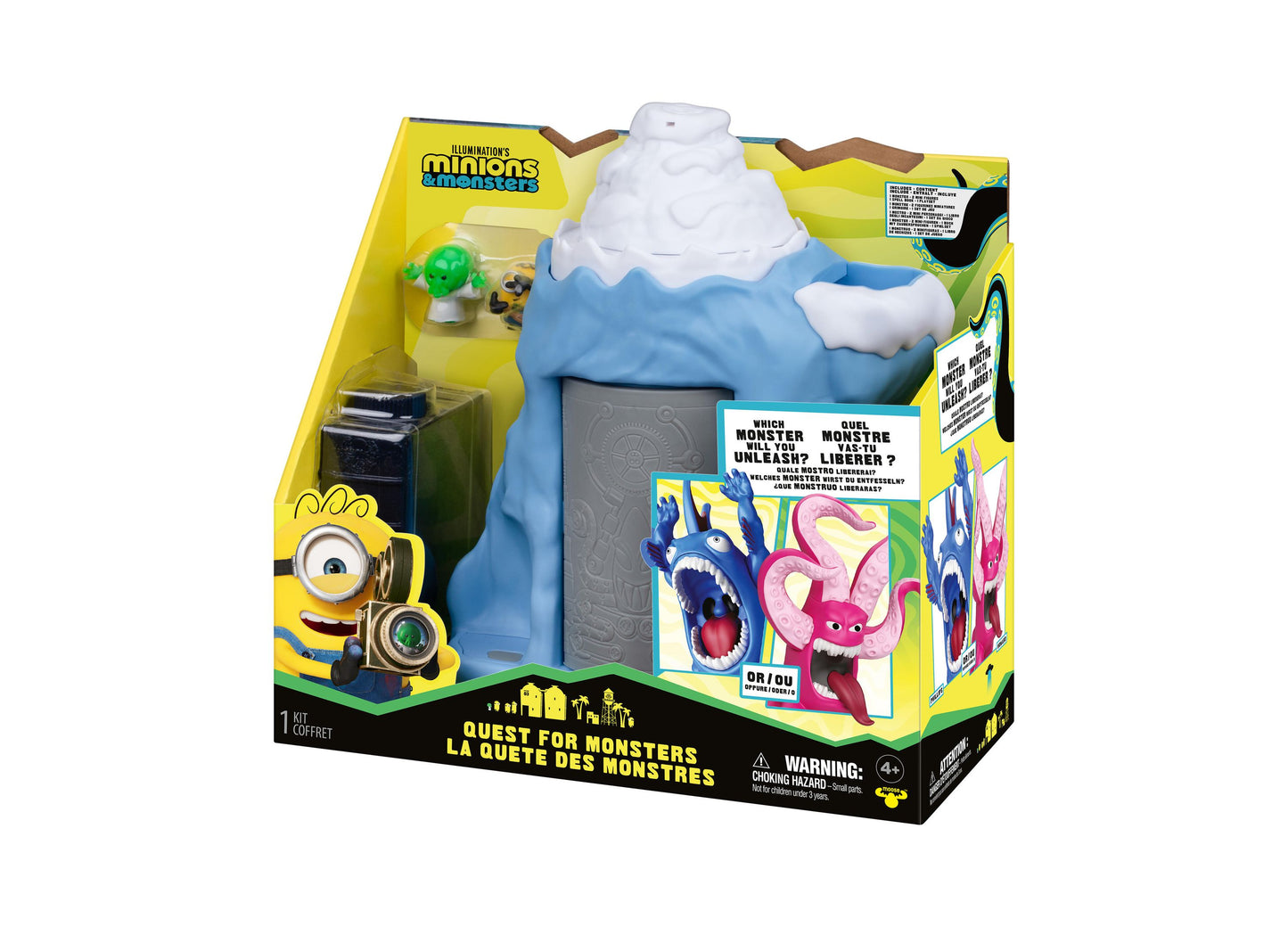 Despicable Me Minions Monster Reveal playset with blue ice mountain, minion figure, and monster toys