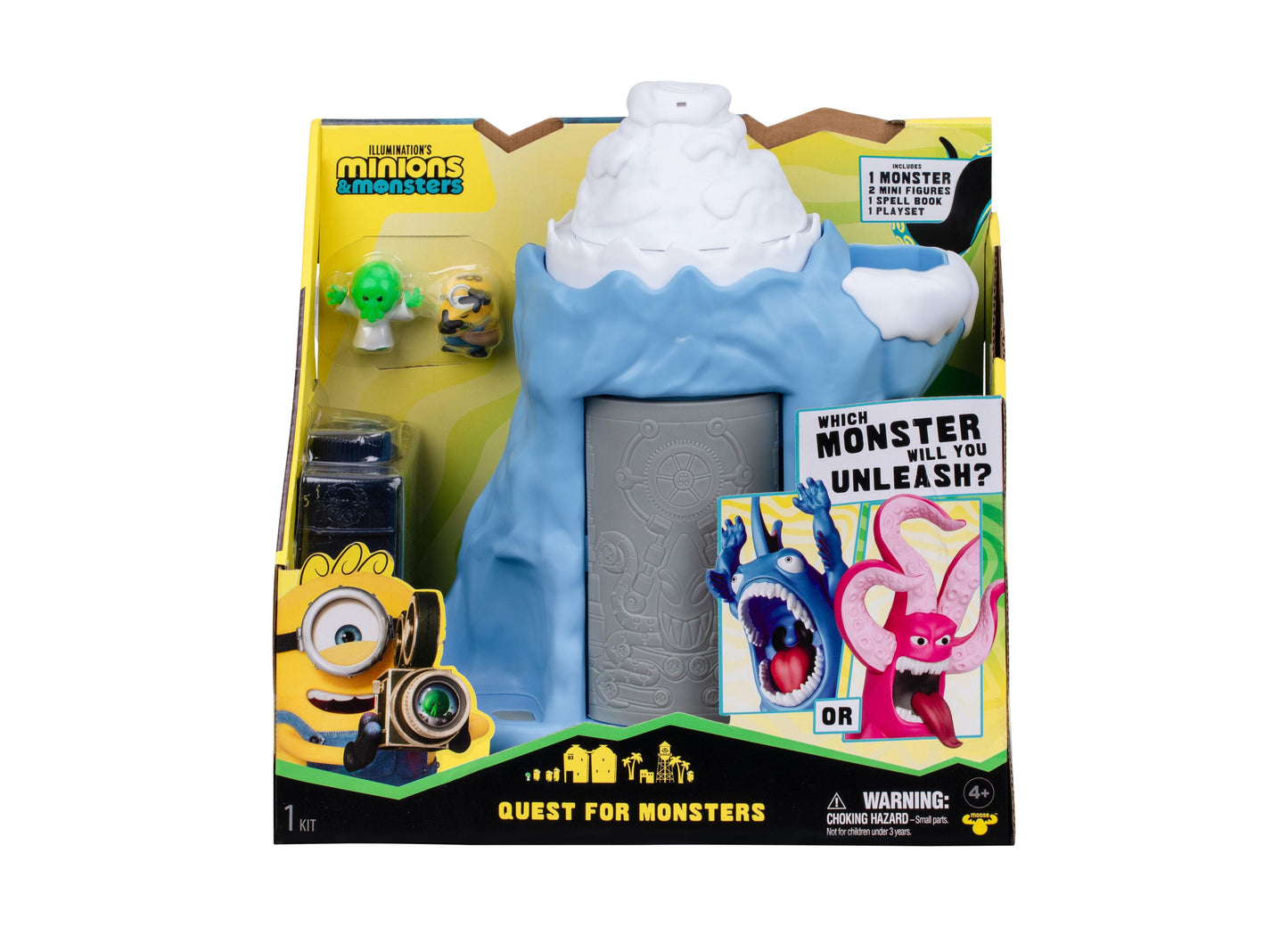 Despicable Me Minions Monster Reveal playset with blue ice cave, minion figures, and mystery monster