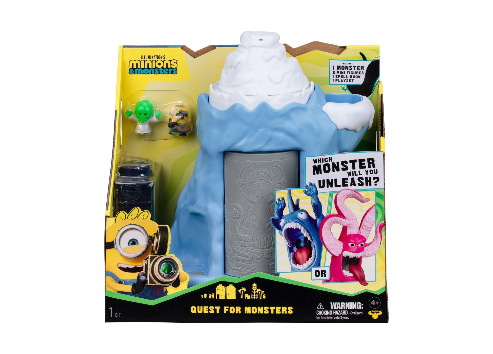 Despicable Me Minions Monster Reveal playset with blue ice cave, minion figures, and mystery monster