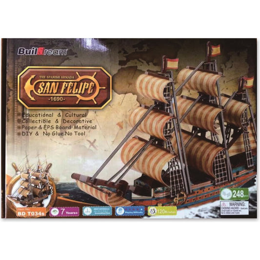 Buildream The Spanish Armada 3D puzzle box featuring a detailed model of the San Felipe sailing ship with striped sails and Spanish flags, 248 pieces, education