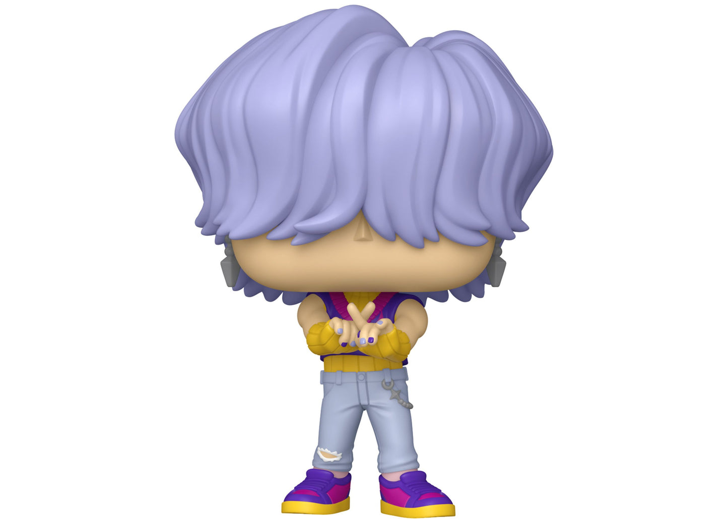 Funko POP vinyl figure with lavender wavy hair, yellow shirt, light blue distressed jeans, and purple and yellow sneakers, arms crossed
