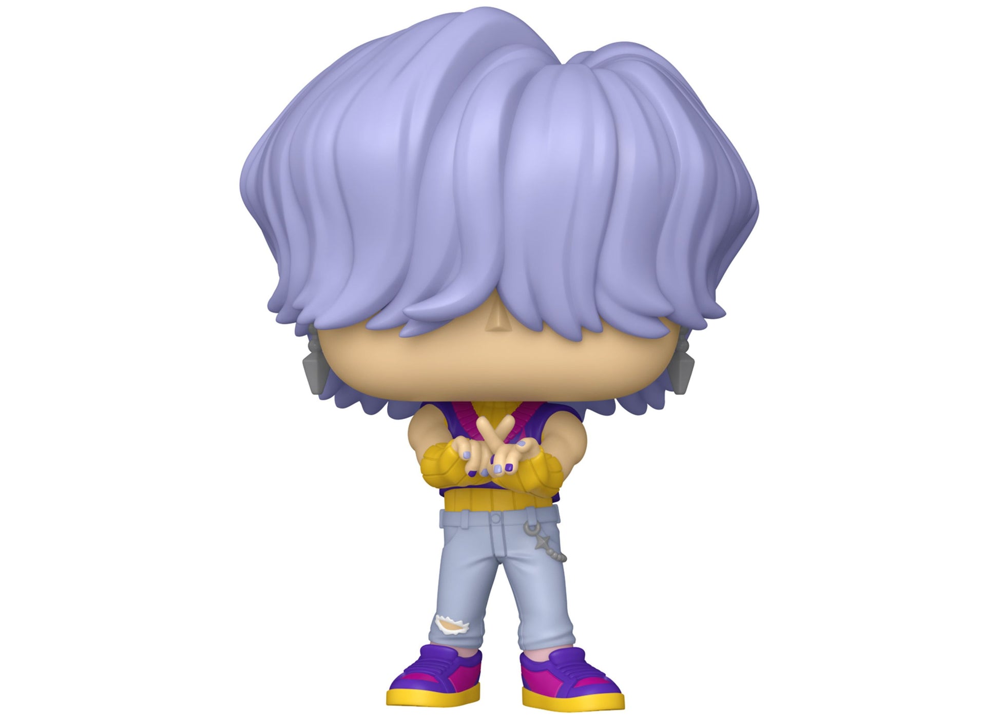 Funko POP vinyl figure with lavender wavy hair, yellow shirt, light blue distressed jeans, and purple and yellow sneakers, arms crossed