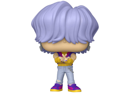 Funko POP vinyl figure with lavender wavy hair, yellow shirt, light blue distressed jeans, and purple and yellow sneakers, arms crossed