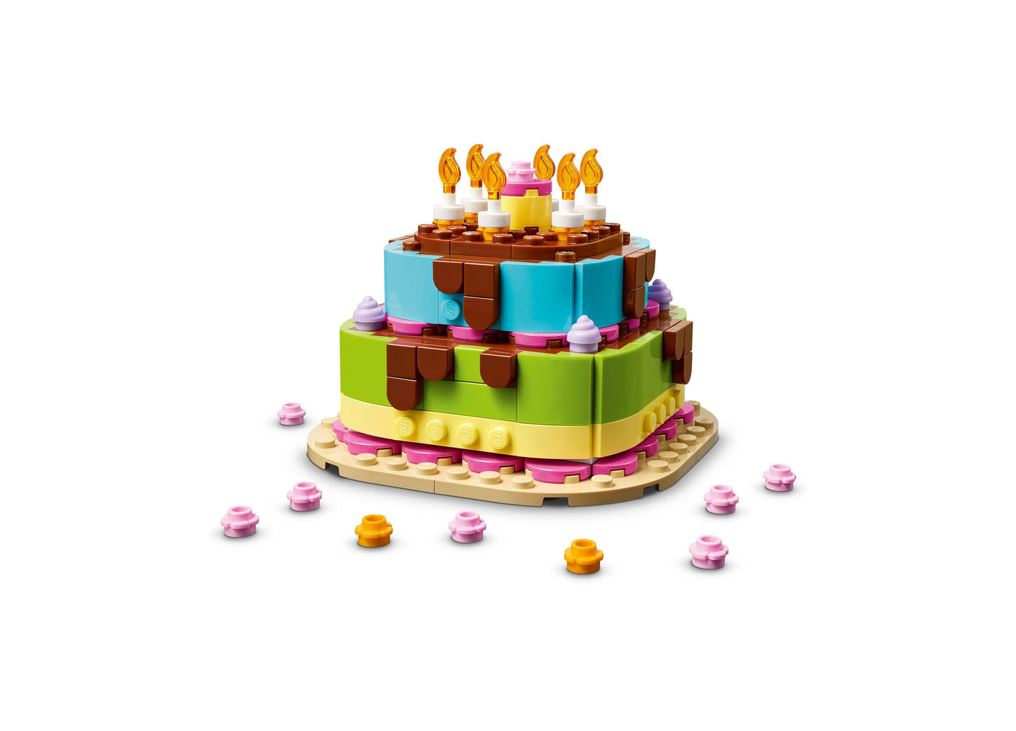 LEGO Birthday Party Cake Building Set 40815 with colorful tiered cake, candles, and decorative pieces