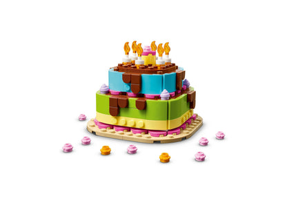 LEGO Birthday Party Cake Building Set 40815 with colorful tiered cake, candles, and decorative pieces