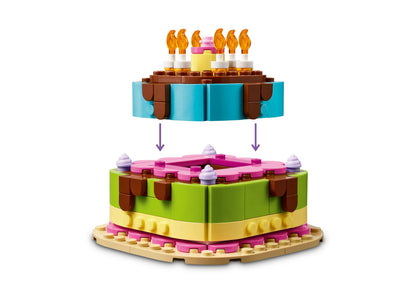 LEGO Birthday Party Cake Building Set 40815 with colorful stacked cake tiers in pink, green, and yellow with candles