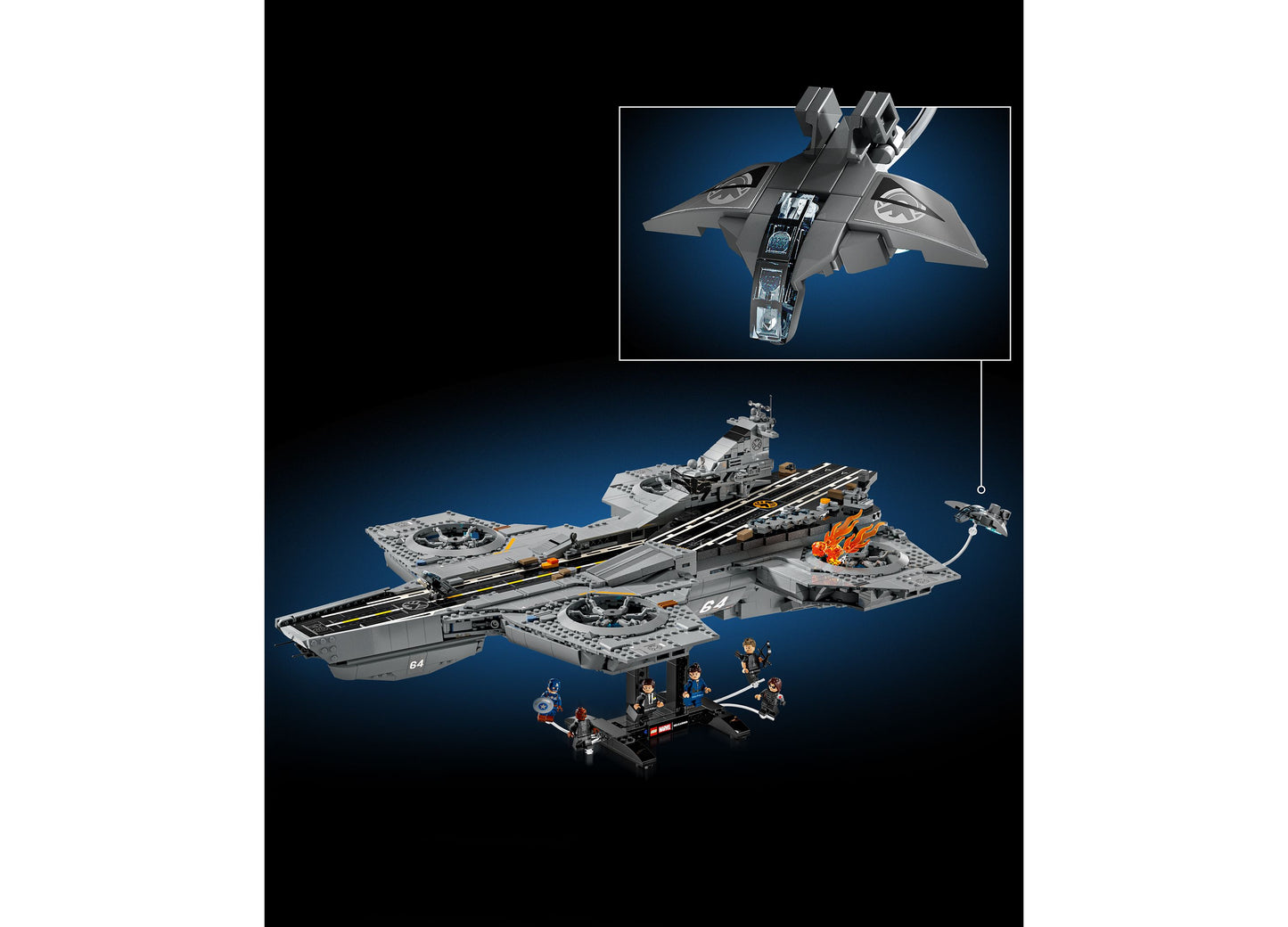 LEGO Marvel S.H.I.E.L.D. Helicarrier 76354 building set with gray aircraft carrier, fighter jet, minifigures, and 305...