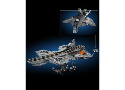 LEGO Marvel S.H.I.E.L.D. Helicarrier 76354 building set with gray aircraft carrier, fighter jet, minifigures, and 305...