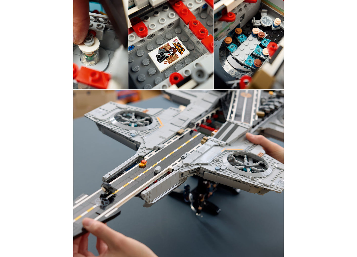 LEGO Marvel S.H.I.E.L.D. Helicarrier 76354 building set with 3057 pieces showing gray aircraft carrier with red and b...