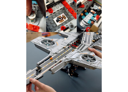 LEGO Marvel S.H.I.E.L.D. Helicarrier 76354 building set with 3057 pieces showing gray aircraft carrier with red and b...