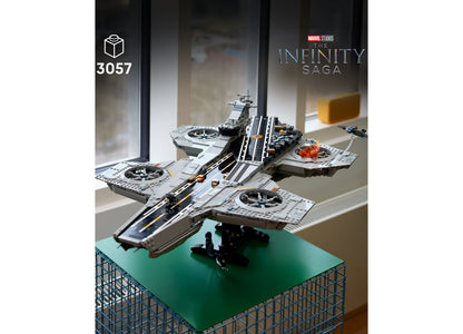 LEGO Marvel S.H.I.E.L.D. Helicarrier 76354 building set with 3057 pieces displayed on green platform