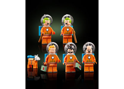 LEGO Ideas Tintin Moon Rocket 21367 set with 6 minifigures in orange spacesuits and accessories