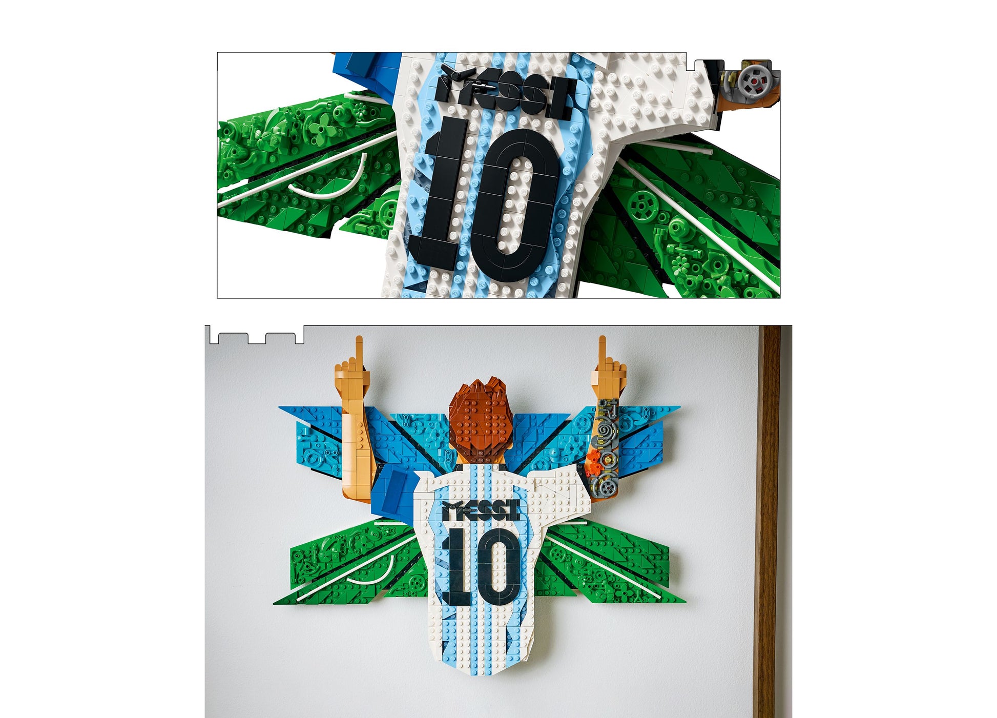 LEGO Lionel Messi Celebration Building Toy 43018 with blue and white jersey, green wings, and brown hair piece