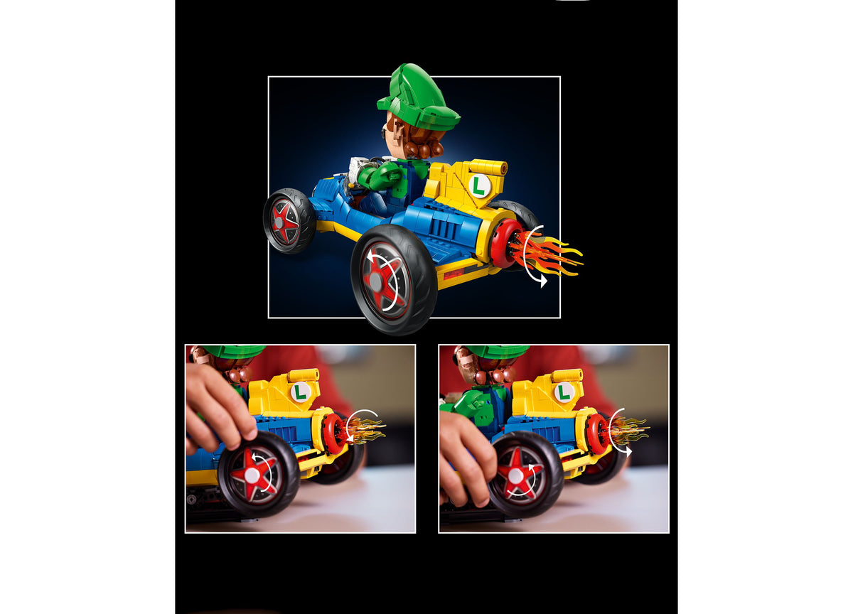 LEGO Mario Kart Luigi Mach 8 blue and yellow race car with green hat figure and flame exhaust