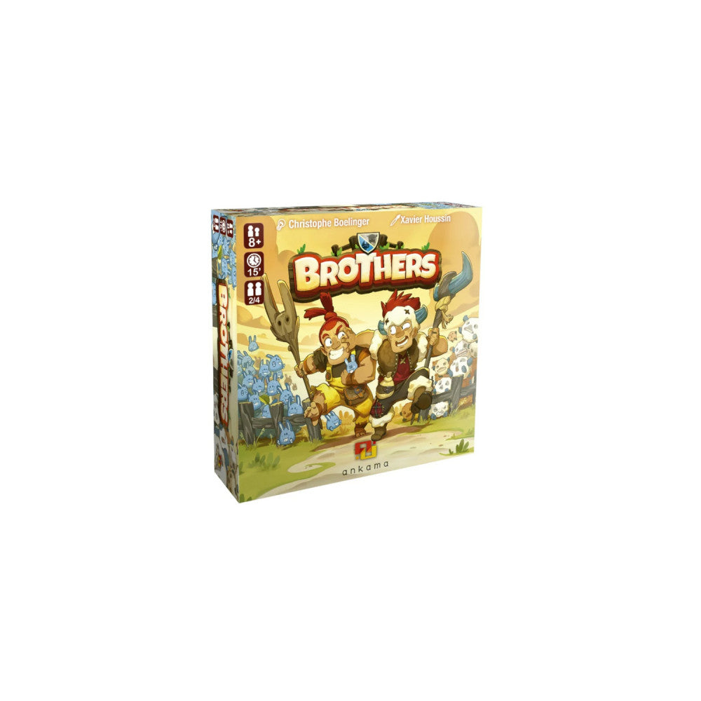 Brothers board game box featuring two cartoon characters in a western-style landscape with a cactus and shield emblem on yellow background