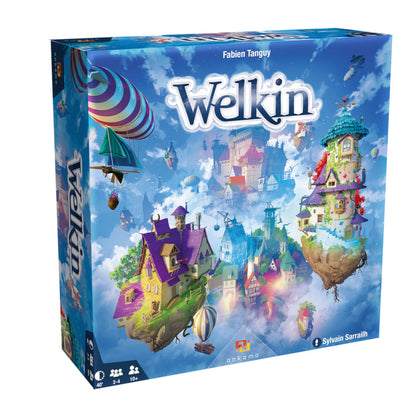 Welkin board game box featuring colorful floating sky islands with whimsical buildings, airships, and clouds against a blue sky background