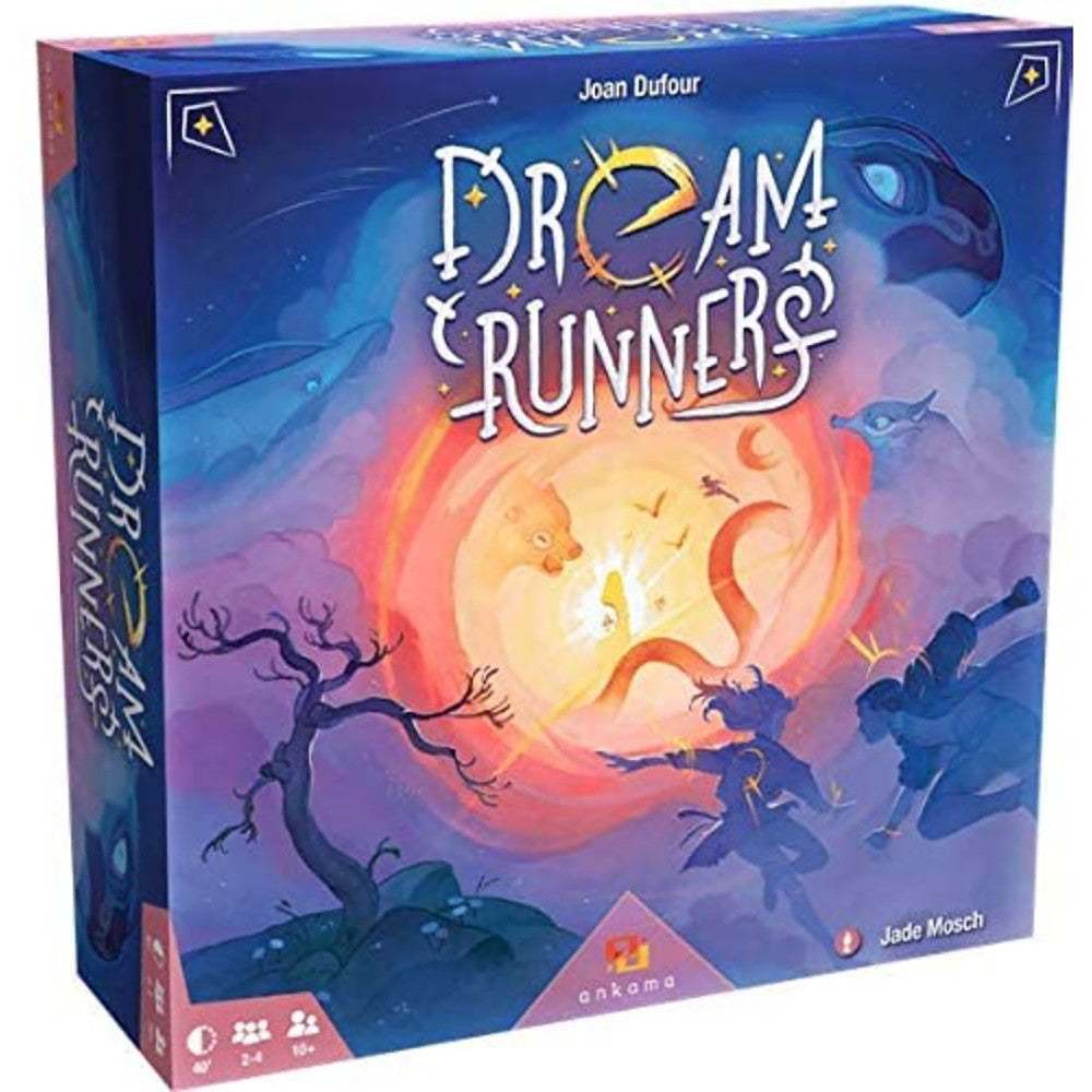 Dream Runners board game box featuring an illustrated nighttime landscape with a glowing moon, silhouetted tree, and figures running through a colorful dreamlik