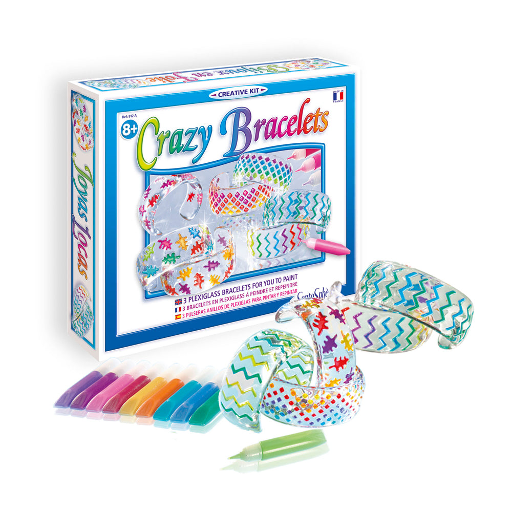 Crazy Bracelets Creative Kit box with three colorful plexiglass bracelets, marker pens, and paintbrush for decorating