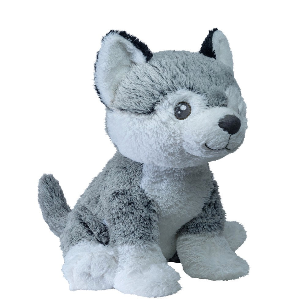 Gray and white husky plush dog with black ear accents and embroidered smile, sitting upright on plain white background