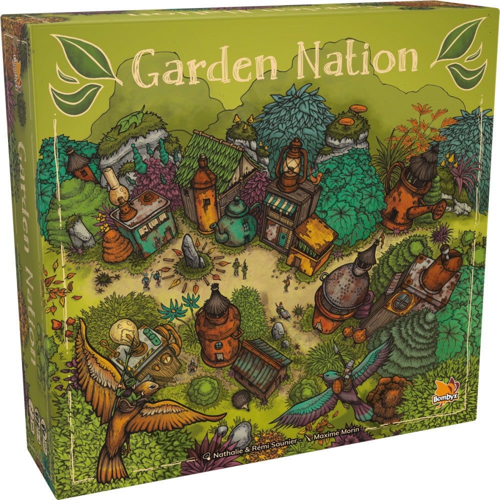 Garden Nation board game box featuring illustrated fantasy garden landscape with whimsical structures, flying creatures, and lush vegetation on chartreuse backg