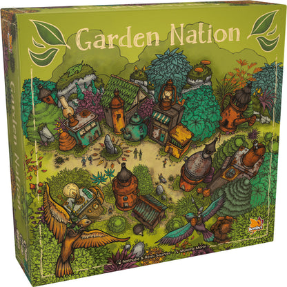 Garden Nation board game box featuring illustrated fantasy garden landscape with whimsical structures, flying creatures, and lush vegetation on chartreuse backg